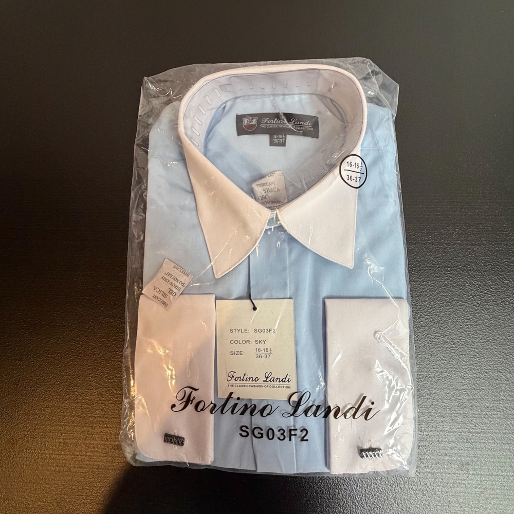 Fortino Landi Mens Dress Shirt NWT Sky Blue Contrast Collar‎ 16-16.5 36-37
